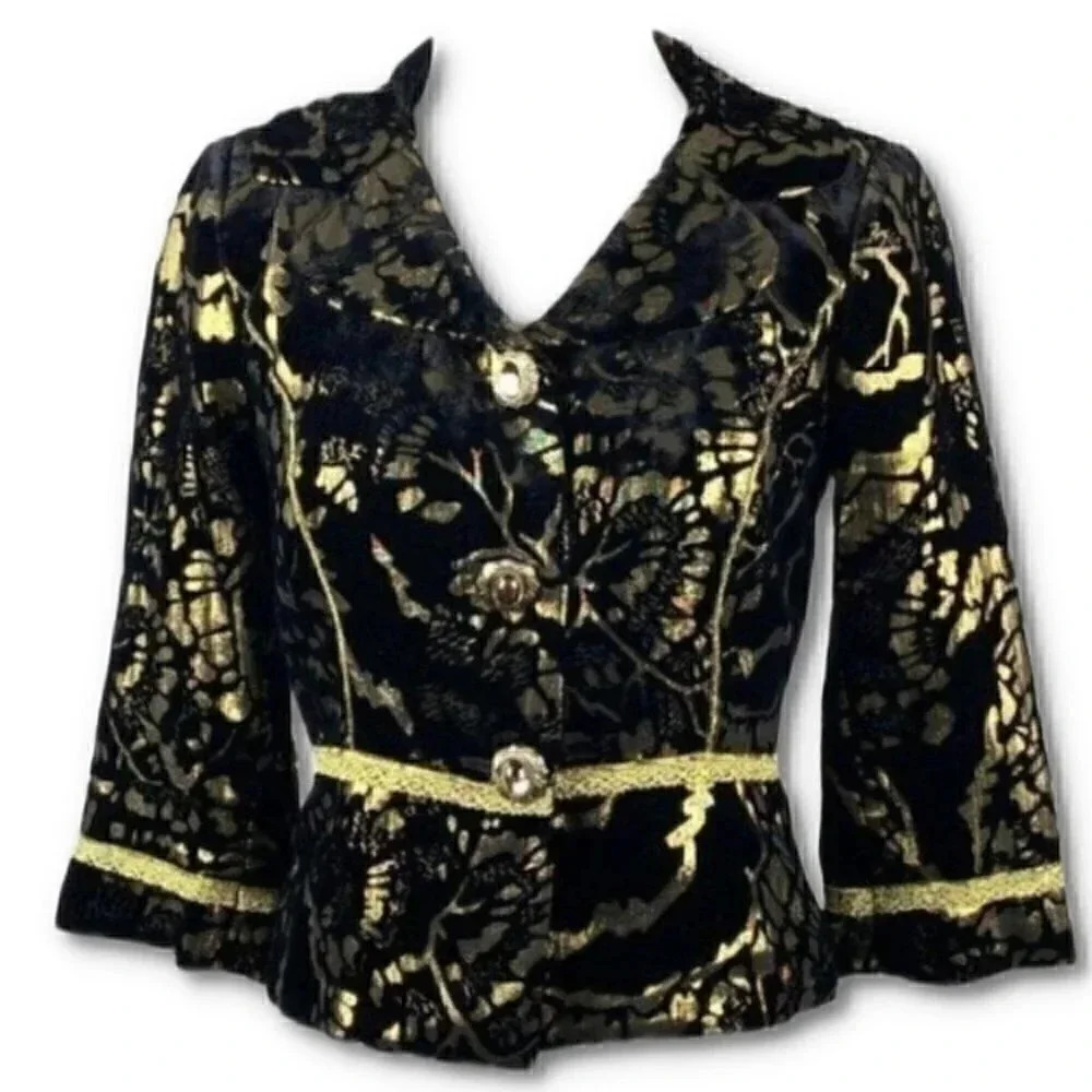 Cynthia Cynthia Steffe blazer size 2 black gold silk blend floral crushed velvet